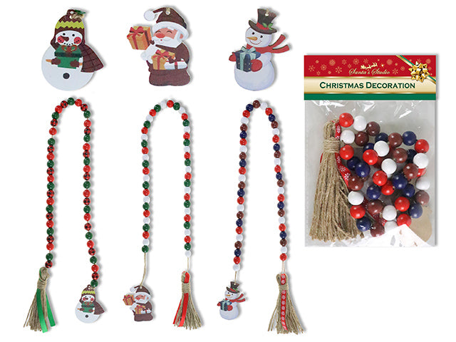 35-3/8In Xmas Santa / Snowman Wooden Beaded Garland W/Jute Tassel. 3 Asst.Styles. Pbh.