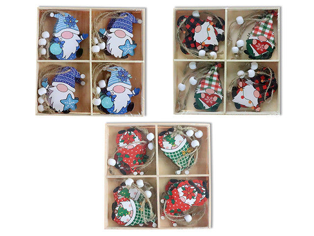 12pk 2-3/8in x 2in Xmas Gnome Die-Cut Wooden Decor in Wooden Box. 3 Asst.Styles. Shrink Wrap.