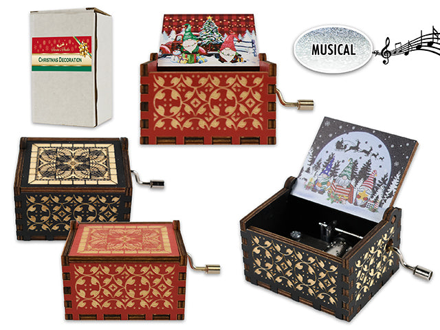 2.5In X 2-1/8 Xmas Wooden Hand Crank Music Box. 3Asst Styles. Each Style Plays Diff Song. Col Box.