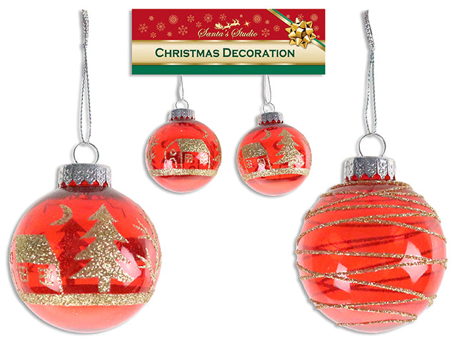 2Pk 60Mm Xmas Red Ball Ornament W/Gold Glitter + String. 2 Asst.Styles. H/C.