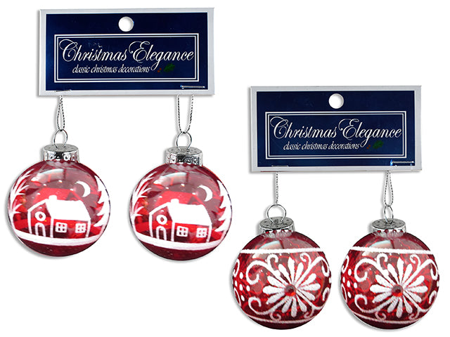 2Pk 60Mm Xmas Red Ball Ornament W/White Glitter + String. 2 Asst.Styles. H/C.