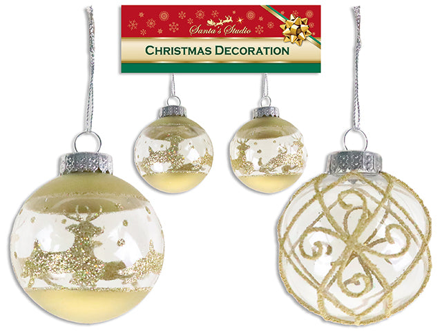 2Pk 60Mm Xmas Clear Ball Ornament W/Gold Glitter + String. 2 Asst.Styles. H/C.