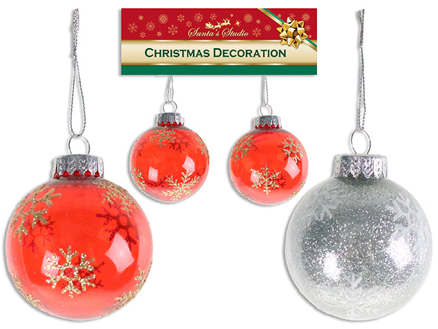 2Pk 60Mm Xmas Glitter Snowflake Ball Ornament W/ String. 2 Asst.Colours. H/C.