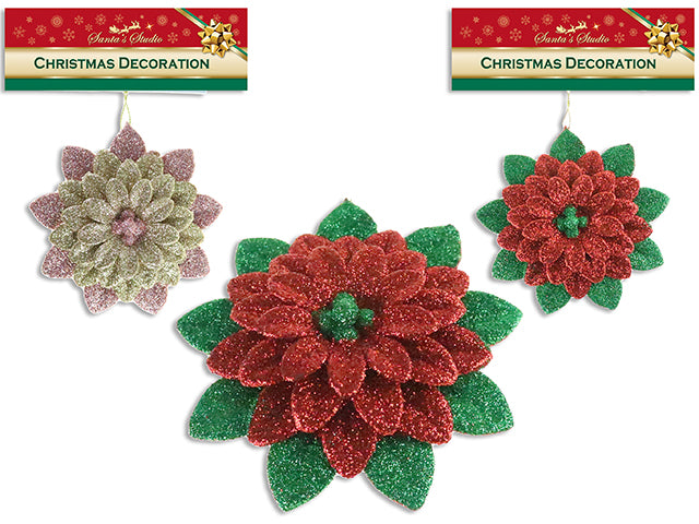 4.5In Xmas 4-Layer 2-Tone Glitter Poinsettia Ornament. 2 Asst. Colours. Pbh.