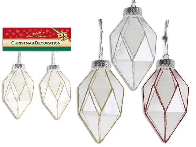 2Pk 4.75In X 2.5In Xmas Clear Shaped Ornament W/ Glitter + String. 3 Asst.Colours. H/C.