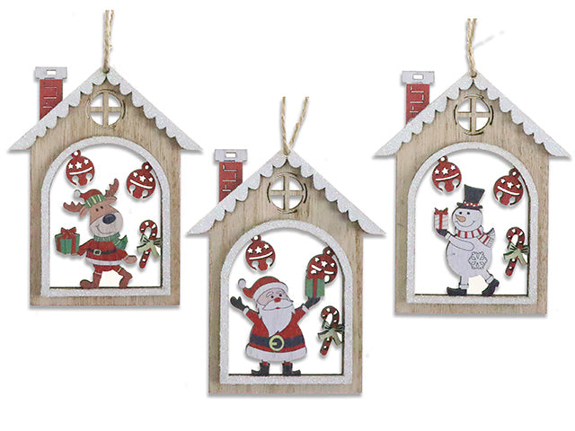 4-3/8In X 3.5In Xmas 2-Layered Die-Cut Mdf Glitter House Ornament. Jute Hanger. 3 Asst. H/C.