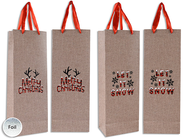 Xmas Matte Red Foil Hotstamp Buffalo Plaid Giftbag -Bottle W/Red Satin Handle.J-Hook.