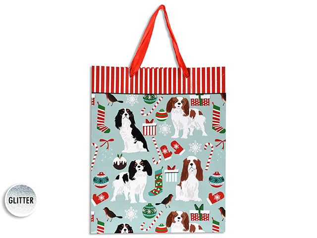 Xmas Matte W/Glitter Dog Giftbag - Medium W/Red Satin Handle. J-Hook.