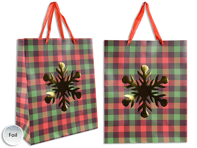 Xmas Matte Plaid Gold Foil Hotstamp Snowflake - Medium W/Red Satin Handle. J-Hook.