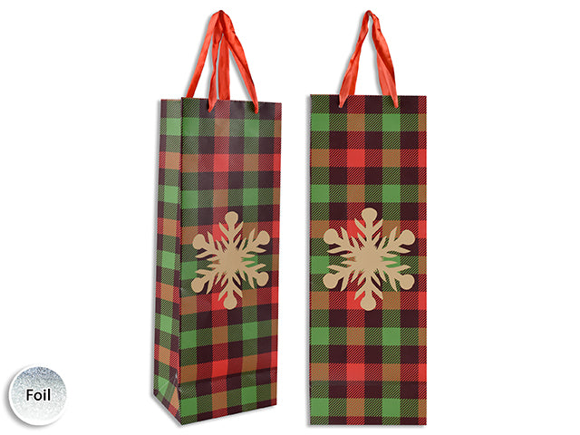 Xmas Matte Plaid Gold Foil Hotstamp Snowflake - Bottle W/Red Satin Handle.J-Hook.