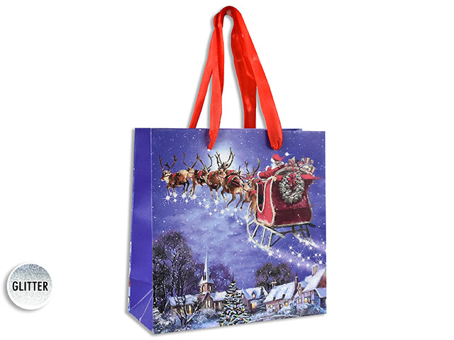 Xmas Matte W/Glitter Santa Scene Giftbag-Small W/Red Satin Handle. J-Hook.