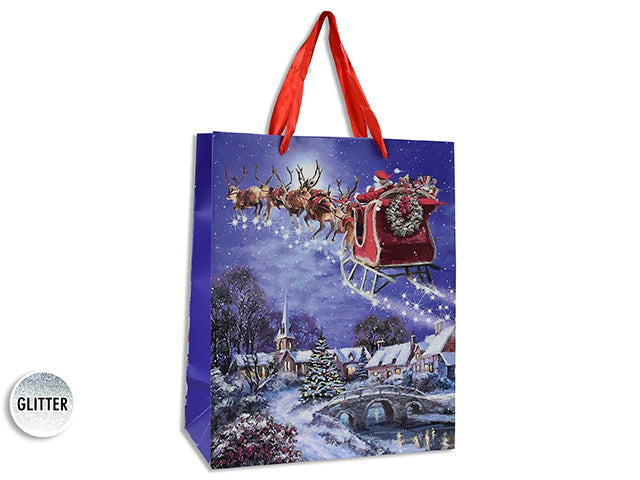 Xmas Matte W/Glitter Santa Scene Giftbag-Medium W/Red Satin Handle. J-Hook.