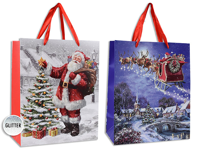 Xmas Matte W/Glitter Santa Scene Giftbag-Large W/Red Satin Handle.J-Hook.