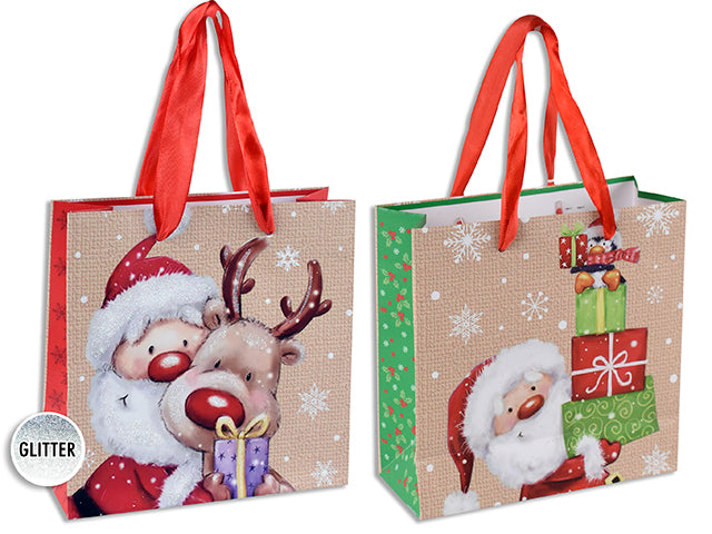 Xmas Matte W/Glitter Santa Giftbag - Small W/Red Satin Handle. 2 Asst.Styles. J-Hook.