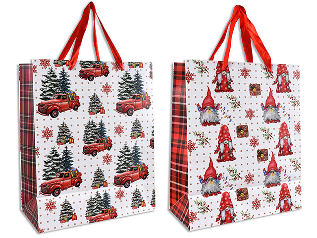 Xmas Matte W/Glitter Vintage Truck / Gnome Giftbag - Medium W/Red Satin Handle. 2 Asst.Styles. J-Hook