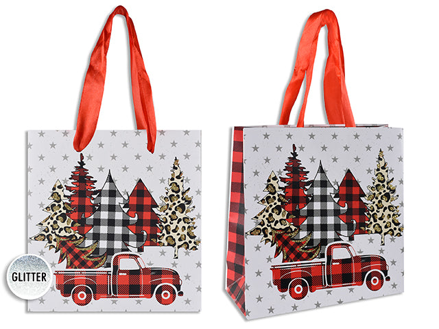 Xmas Matte W/Glitter Buffalo Plaid Tree Giftbag - Small W/Red Satin Handle. J-Hook.