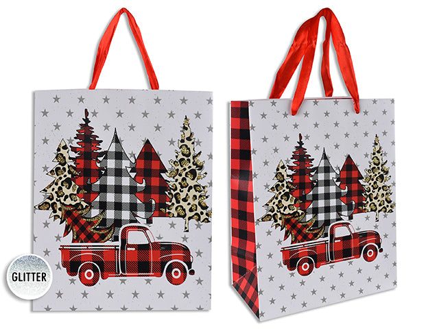 Xmas Matte W/Glitter Buffalo Plaid Tree Giftbag - Large W/Red Satin Handle. J-Hook.