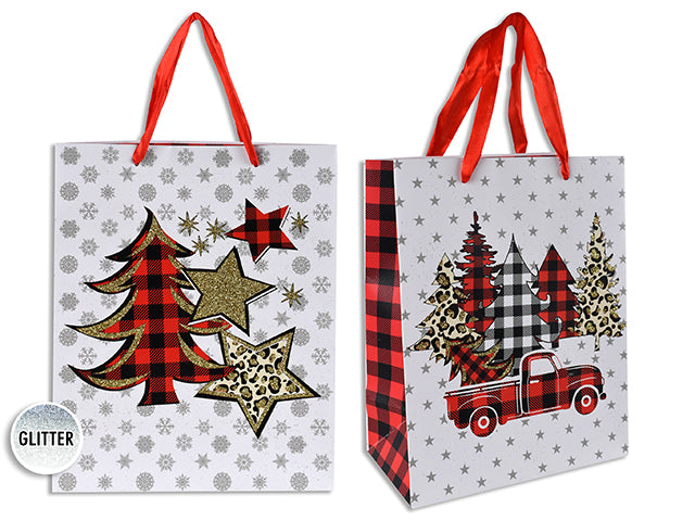 Xmas Matte W/Glitter Buffalo Plaid Tree Giftbag - Jumbo W/Red Satin Handle. J-Hook.