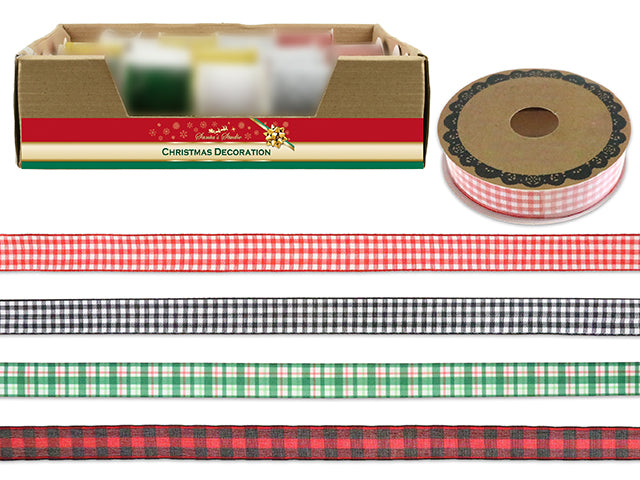 3Yd X 0.75In Xmas Buffalo Plaid Satin Ribbon. 4 Asst.Colours. 24/Dsp.