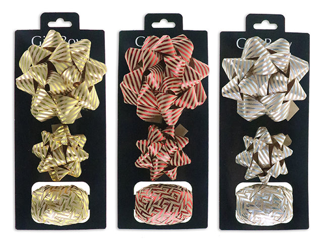 Set/3 Xmas Striped Holographic Gift Bow Set Incl.: 4In Bow/ 2.5In Bow/ 10M Ribbon. 3 Asst.Col. T.O.C.