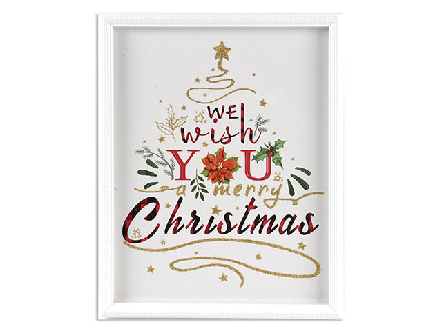 13.75in x 11in Xmas Glitter Printed Bevelled Wood Framed Wall Art w/Glass Cover.