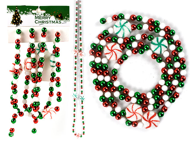 5Ft Xmas Beaded Garland W/3Pcs Red Candy Cane + 2Pcs Green Candy Cane. H/C.