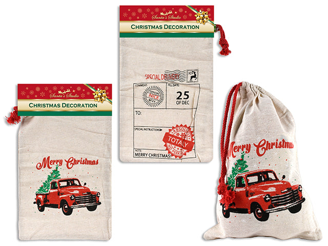 15-3/8in x 10.25in Xmas Canvas Drawstring Giftbag. 2 Asst.Styles. h/c.