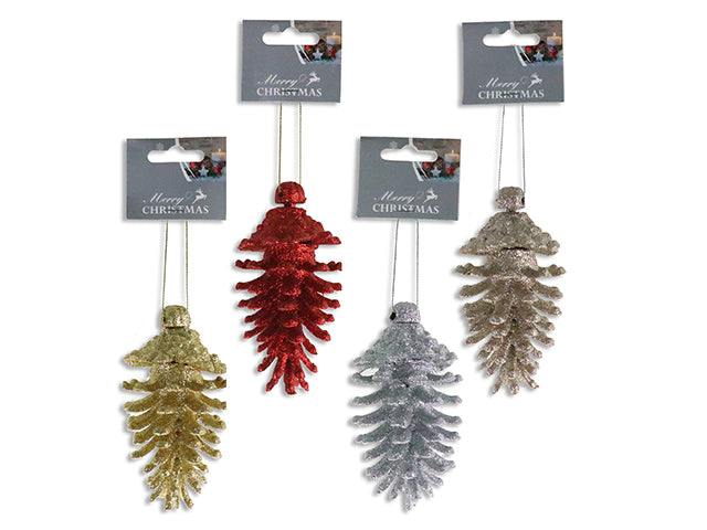 4.75In X 2-3/8In Xmas Glitter Pine Cone Ornament. 4 Asst.Colours. H/C.