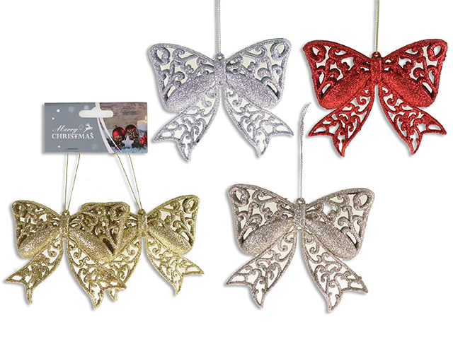 2Pk 4.25In(W) X 4In(H) Xmas Glitter Die-Cut 3-D Bow Ornament. 4 Asst. Colours. H/C.