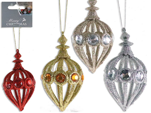 3.5In(H) X 2.75In(D) Xmas Glitter Die-Cut 3-D Teardrop Ornament W/Jewels. 4 Asst. Colours. H/C.