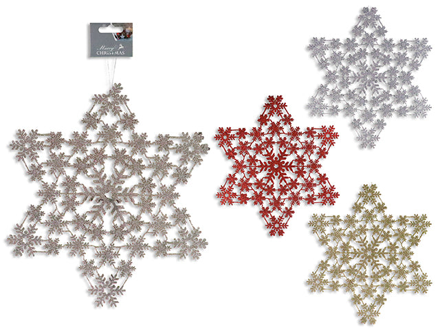 12.25in x 11in Xmas Glitter Die-Cut Snowflake Hanging Decoration. 4 Asst.Colours. h/c.