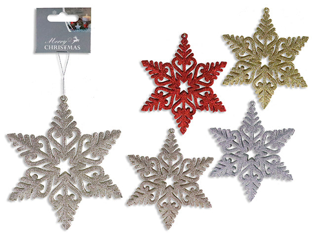 5-7/8In(H) X 5-1/8In(W) Xmas Glitter Die-Cut 2-Layer 3-D Snowflake Ornament. 4 Asst. H/C.