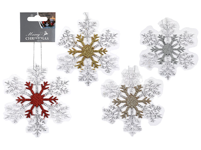 12.25in x 11in Xmas 2-Tone Glitter / Frosted Die-Cut Hanging Snowflake Decor. 4 Asst. h/c.