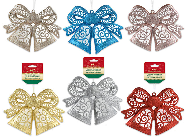 13.75In(W) X 11-3/8In(L) Xmas Glitter Die-Cut 3-D Double Bell W/Bow Hanging Decor. 4 Asst. H/C.