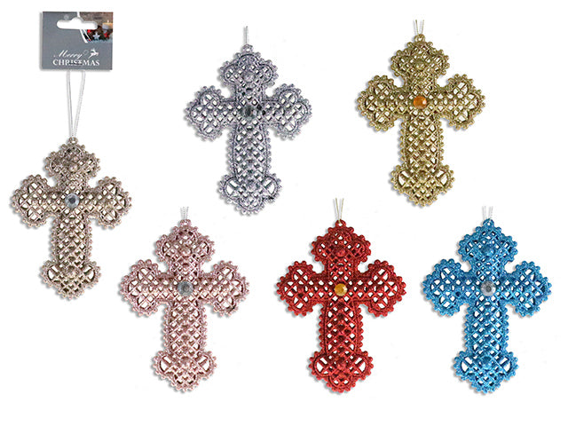 5-1/8In(H) X 4In(W) Xmas Glitter Die-Cut 3-D Cross Ornament W/ 2-Jewels. 4 Asst. Colours. H/C.