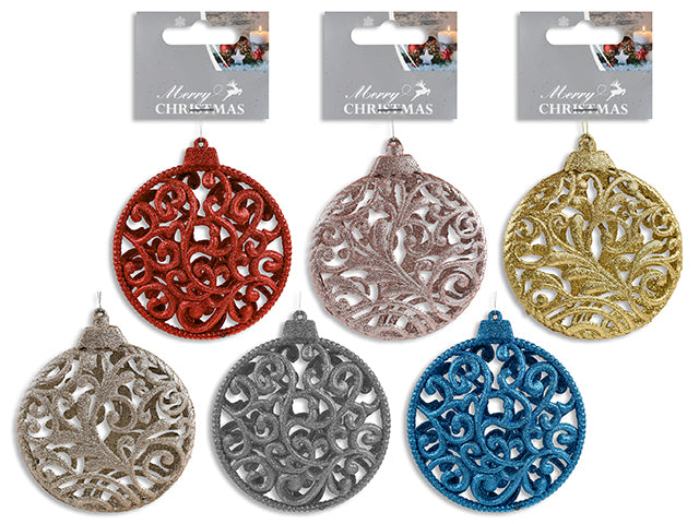 6-5/8In(L) X 5-7/8In(W) Xmas Die-Cut Glitter 3-D Round Ornament. 4 Asst.Colours. H/C.