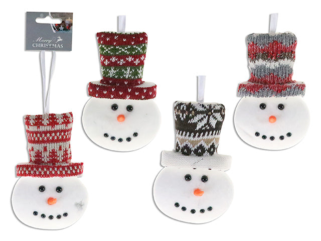 5-7/8In X 4In Xmas Snowman Ornament W/Knitted Hat. 3 Asst.Styles. H/C.