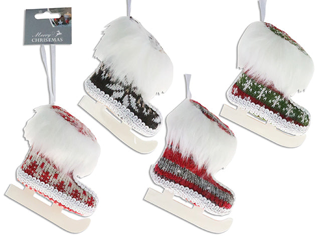 5.5In X 4.25In Xmas Knitted Skate Shoes Ornament W/Plush Fur. 3 Asst.Styles. H/C.