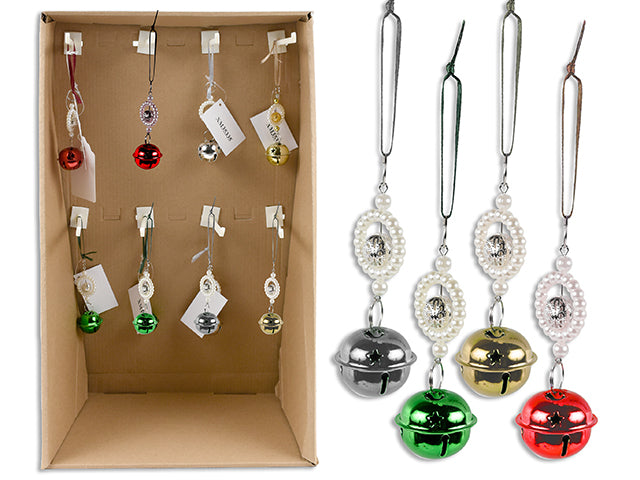 6In Xmas Beaded Pearl Ornament W/Metal Jingle Bell + Satin Hanger. 4 Asst.Colours. Cht. 72/Dsp.