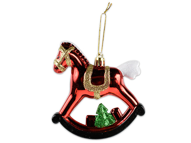 4.25In X 4In Xmas Glitter Rocking Horse Ornament W/Gold String. Cht.