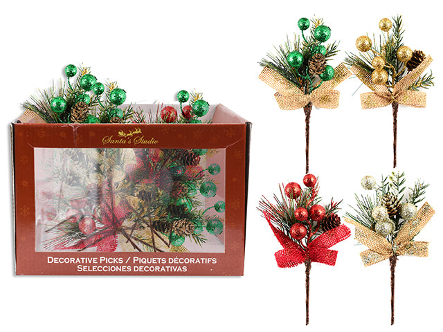 7.5In Xmas Glitter Berry Pine Pick W/Pine Cone + Jute Bow. 4 Asst.Colours. Cht. 60/Dsp.