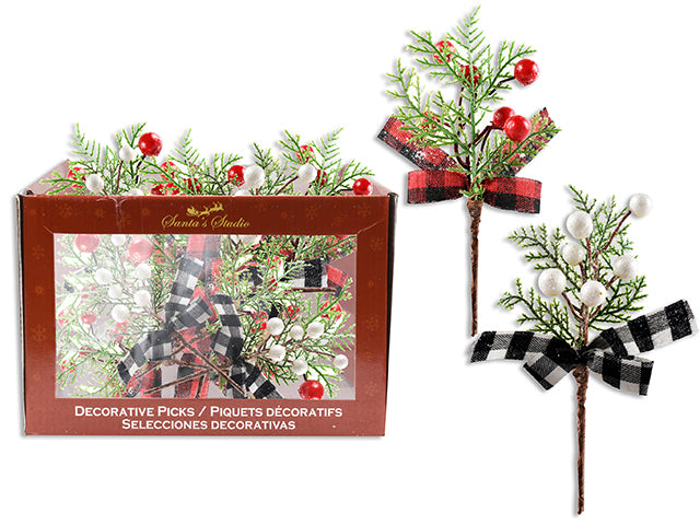 7In Xmas Glitter Berry Pine Pick W/Buffalo Plaid Bow. 2 Asst.Cols/Style. 2 Asst.Styles. Cht. 60/Dsp