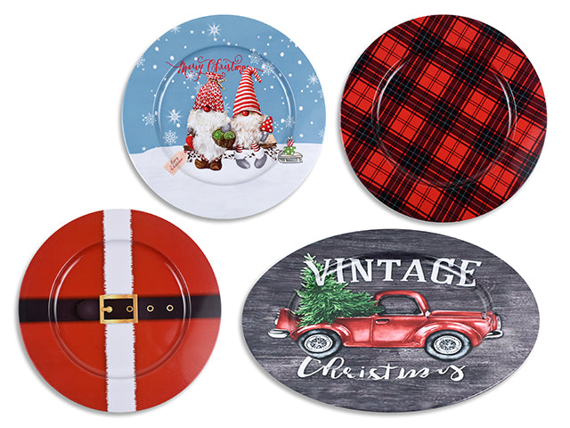 13In Xmas Round Metal Charger Plate. 4 Asst.Styles.