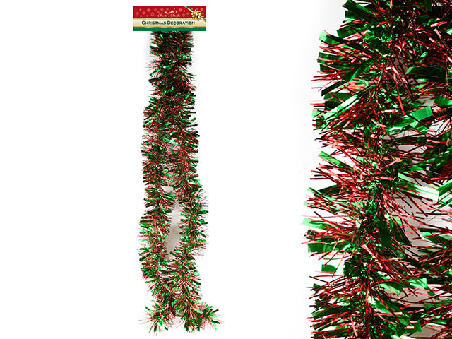 9ft x 5ply Xmas Green / Red Tinsel Chunky Garland. 3.5in Tips. Cht.