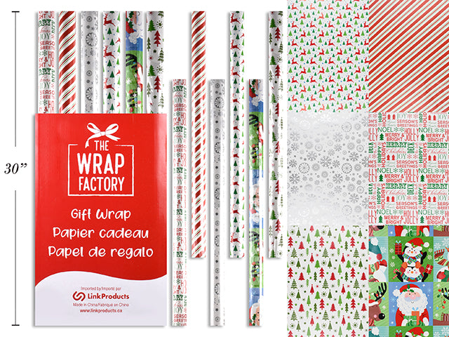 30In X 192In Xmas Printed Giftwrap In Display. 5 Asst. Styles. 60/Dsp.