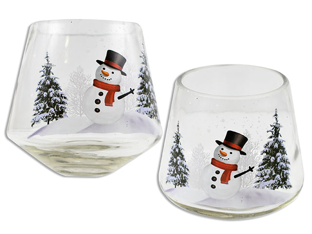 4.5In(D) X 4-3/8In(H) Xmas Clear Glass Snowman Printed Candle Holder.