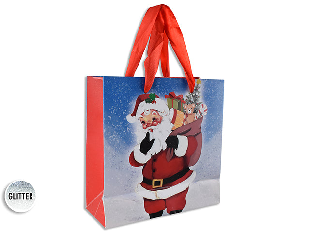 Xmas W/Glitter Vintage Santa / Snowman Giftbag - Small W/Red Satin Handle. J-Hook.