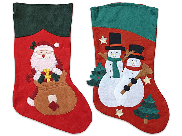 18In Xmas Felt Embroidered Character Stocking W/ Plush Cuff. 2 Asst.Styles. Cht.