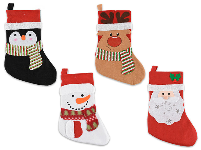 18In Xmas Felt Character Stocking W/Red Cuff + Plush Boder. 2 Asst.Styles. Cht.