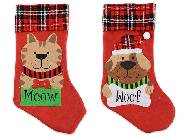 18In Xmas Felt Embroidered Pet Stocking W/Plaid Fold Over Cuff. 2 Asst.Styles. Cht.